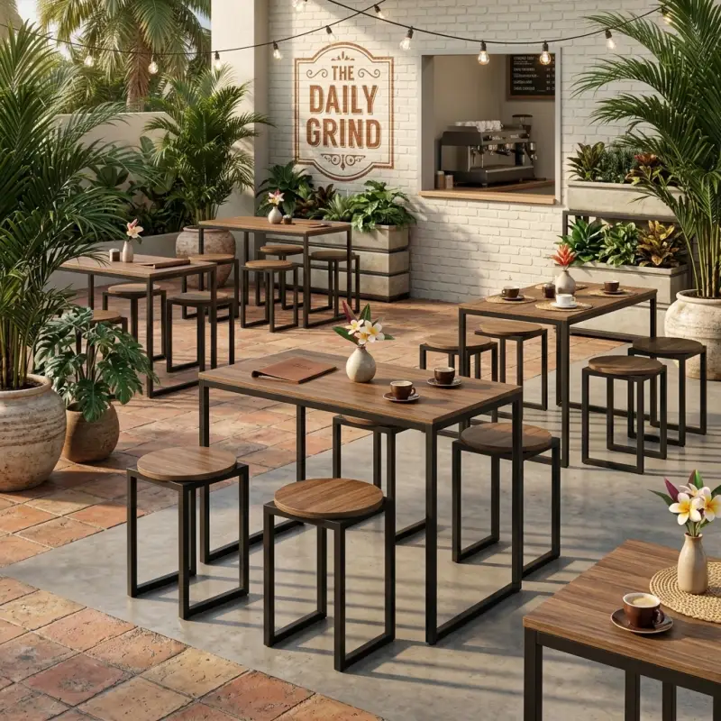 Set Meja Cafe Industrial dengan Stool Kayu [6]