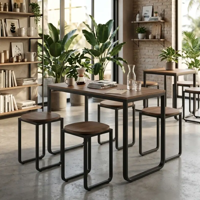 Set Meja Cafe Industrial Rangka Besi Top Kayu dengan 4 Stool [2]