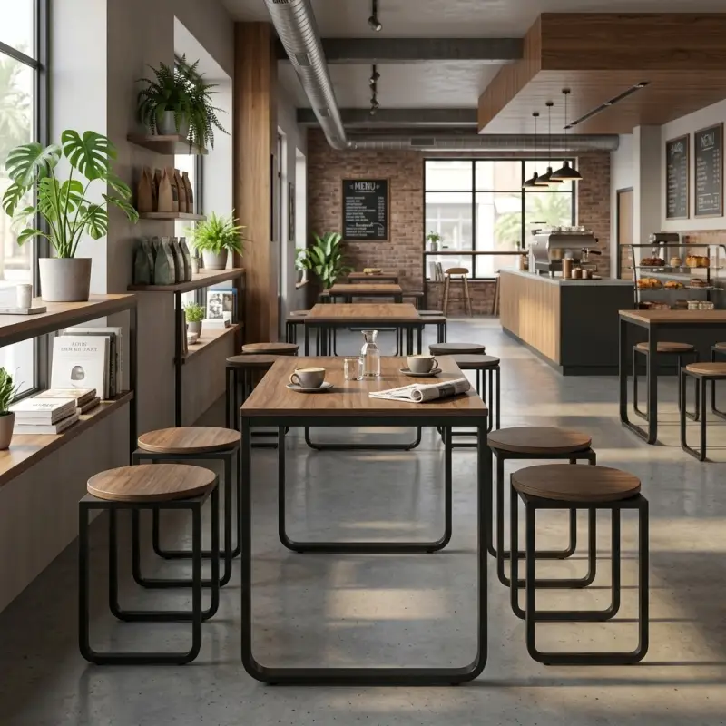 Set Meja Cafe Industrial Rangka Besi Top Kayu dengan 4 Stool [3]