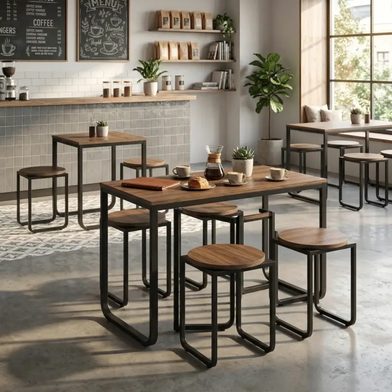 Set Meja Cafe Industrial Rangka Besi Top Kayu dengan 4 Stool [6]