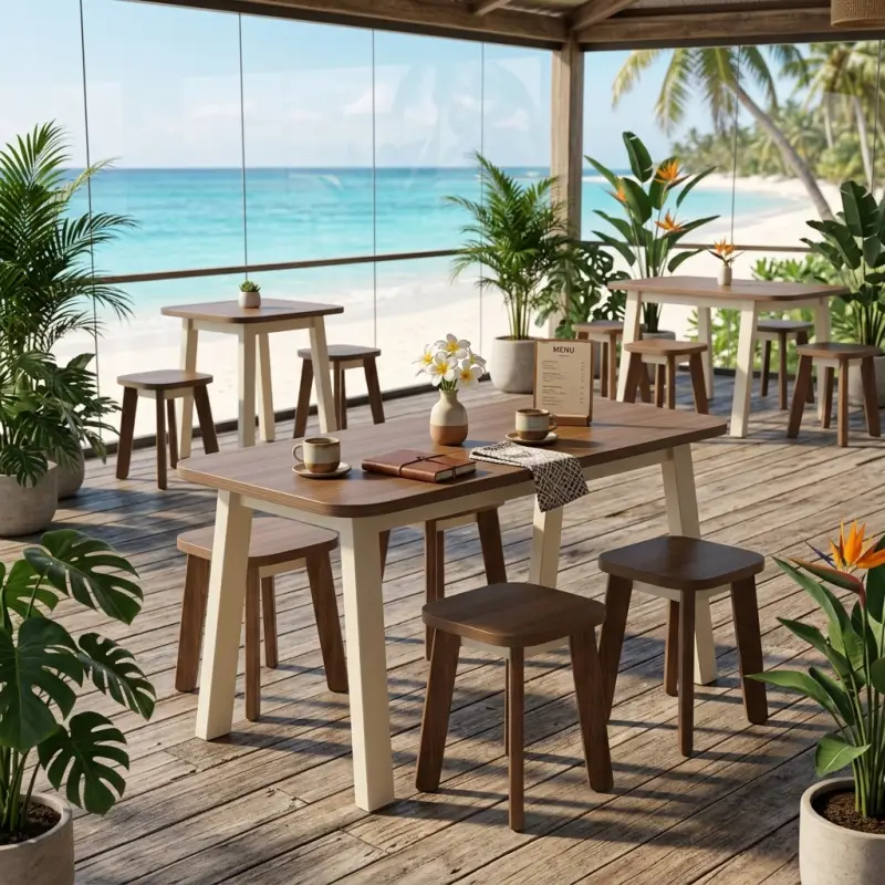 Set Meja Cafe Kayu Dua Warna dengan Stool [2]