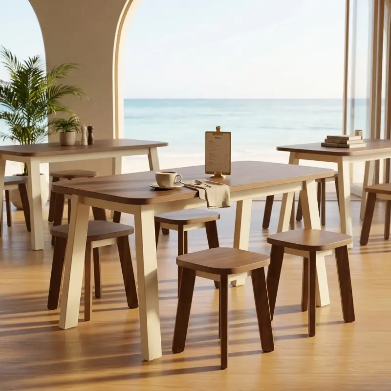 Set Meja Cafe Kayu Dua Warna dengan Stool [3]