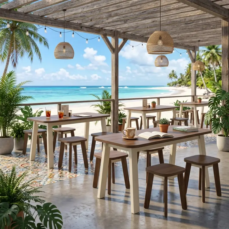 Set Meja Cafe Kayu Dua Warna dengan Stool [7]