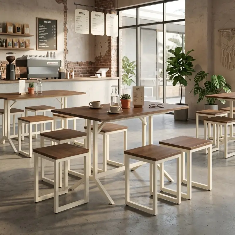 Set Meja Cafe Kayu Rangka Besi Cream dengan 4 Stool [2]