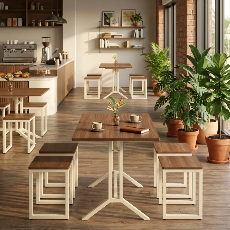Set Meja Cafe Kayu Rangka Besi Cream dengan 4 Stool [3]