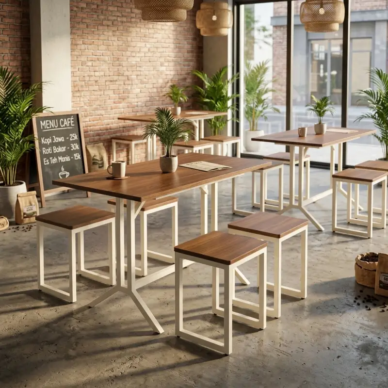 Set Meja Cafe Kayu Rangka Besi Cream dengan 4 Stool [4]