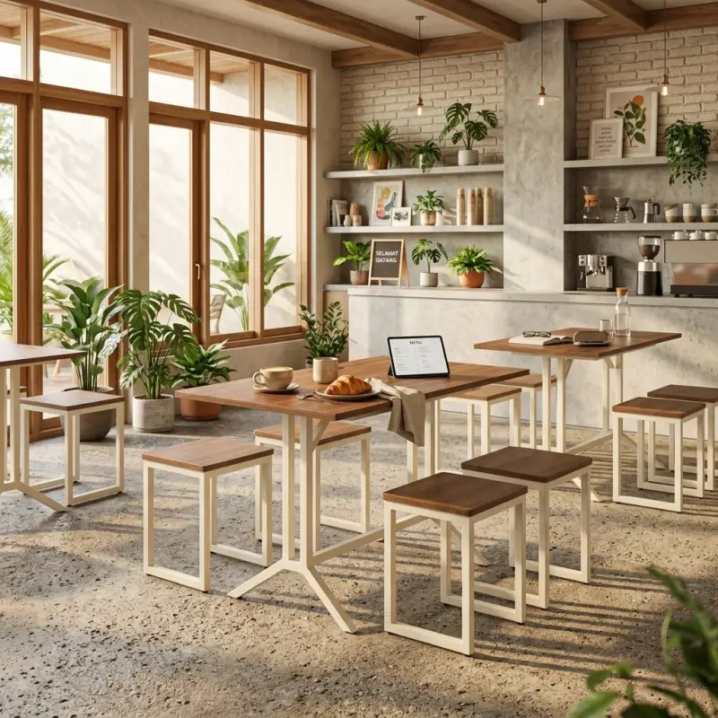 Set Meja Cafe Kayu Rangka Besi Cream dengan 4 Stool [5]