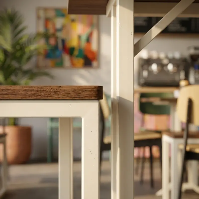 Set Meja Cafe Kayu Rangka Besi Cream dengan 4 Stool [6]