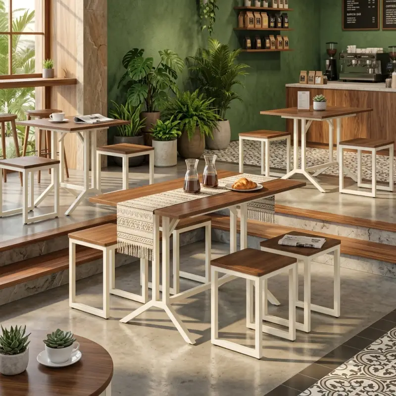 Set Meja Cafe Kayu Rangka Besi Cream dengan 4 Stool [7]