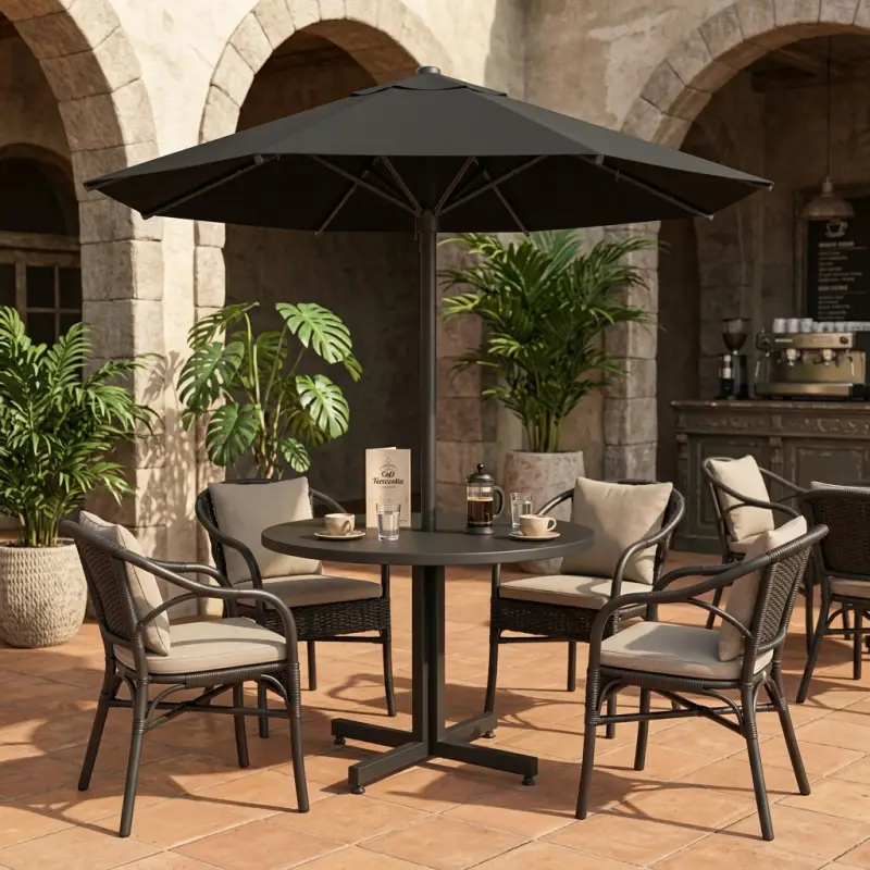 Set Meja Cafe Outdoor Bulat dengan Payung Pelindung [4]