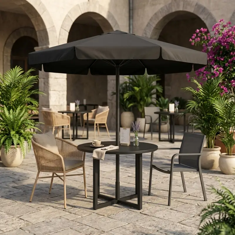 Set Meja Cafe Outdoor Bulat Rangka Besi dengan Payung [3]