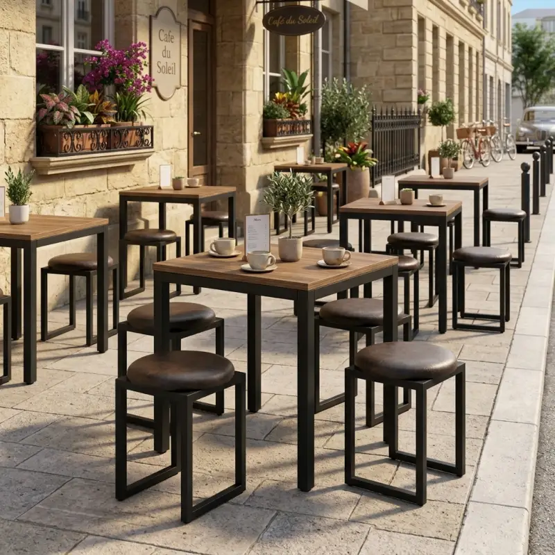 Set Meja Cafe Rangka Besi Top Kayu dengan Stool Kulit [2]