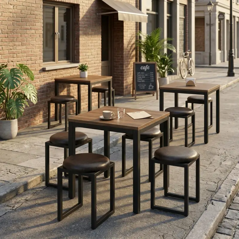 Set Meja Cafe Rangka Besi Top Kayu dengan Stool Kulit [3]
