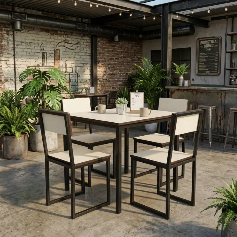 Set Meja Makan Cafe Rangka Besi Finishing Kayu 1 Meja 4 Kursi [2]