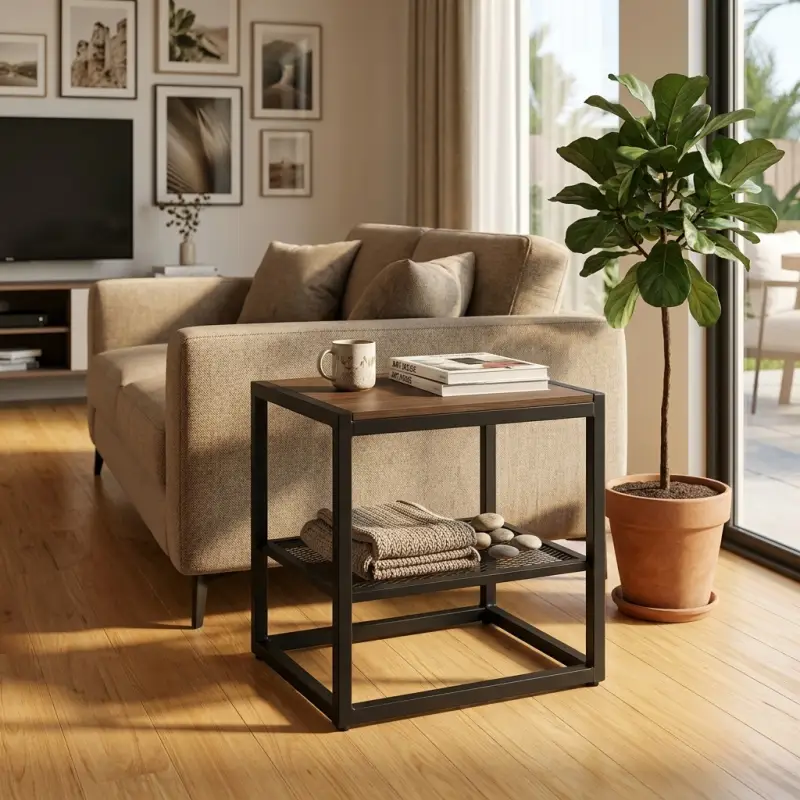 Side Table Besi Kayu dengan Rak Mesh Industrial [2]