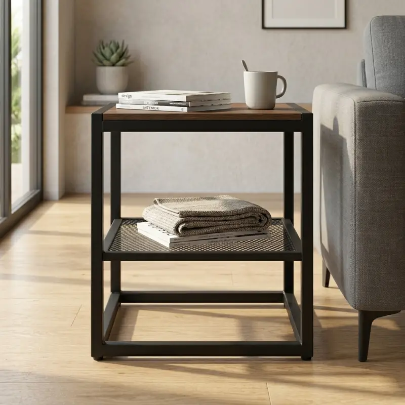 Side Table Besi Kayu dengan Rak Mesh Industrial [3]