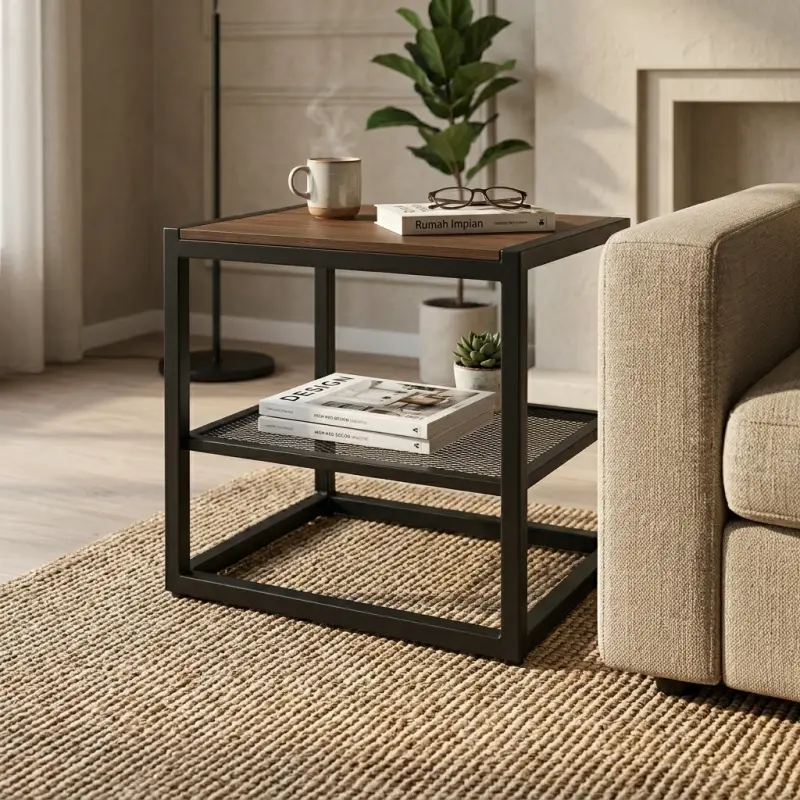 Side Table Besi Kayu dengan Rak Mesh Industrial [4]