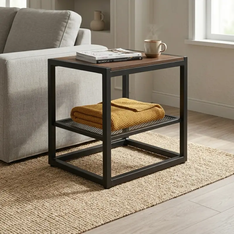 Side Table Besi Kayu dengan Rak Mesh Industrial [5]