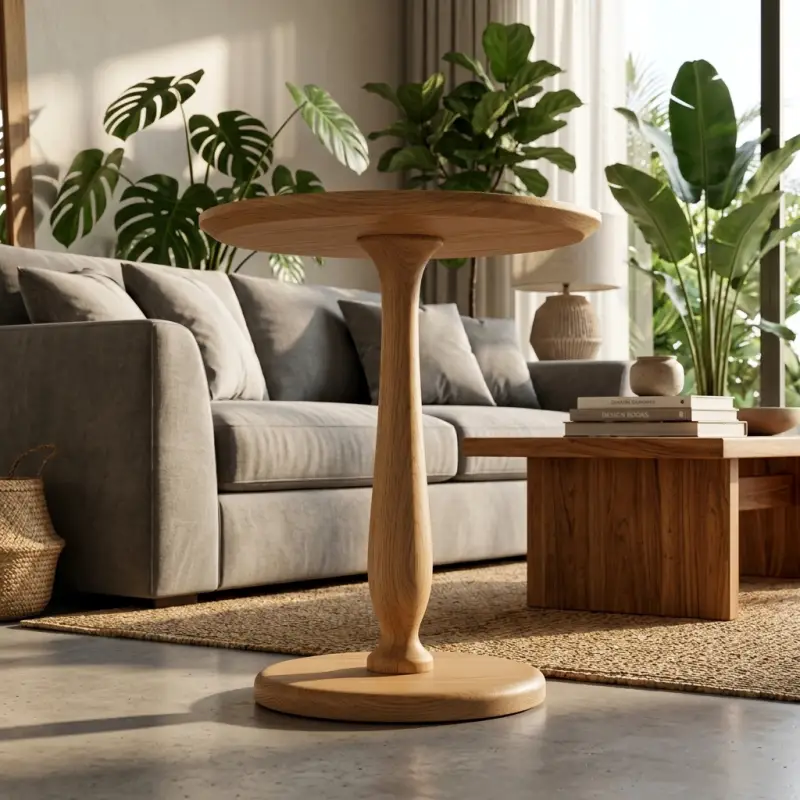 Side Table Bulat Kayu Solid Pedestal [4]