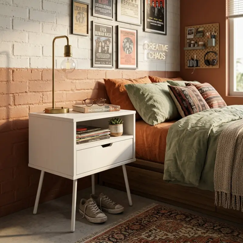Side Table Kayu 1 Laci Open Shelf Kaki Metal Scandinavian [3]