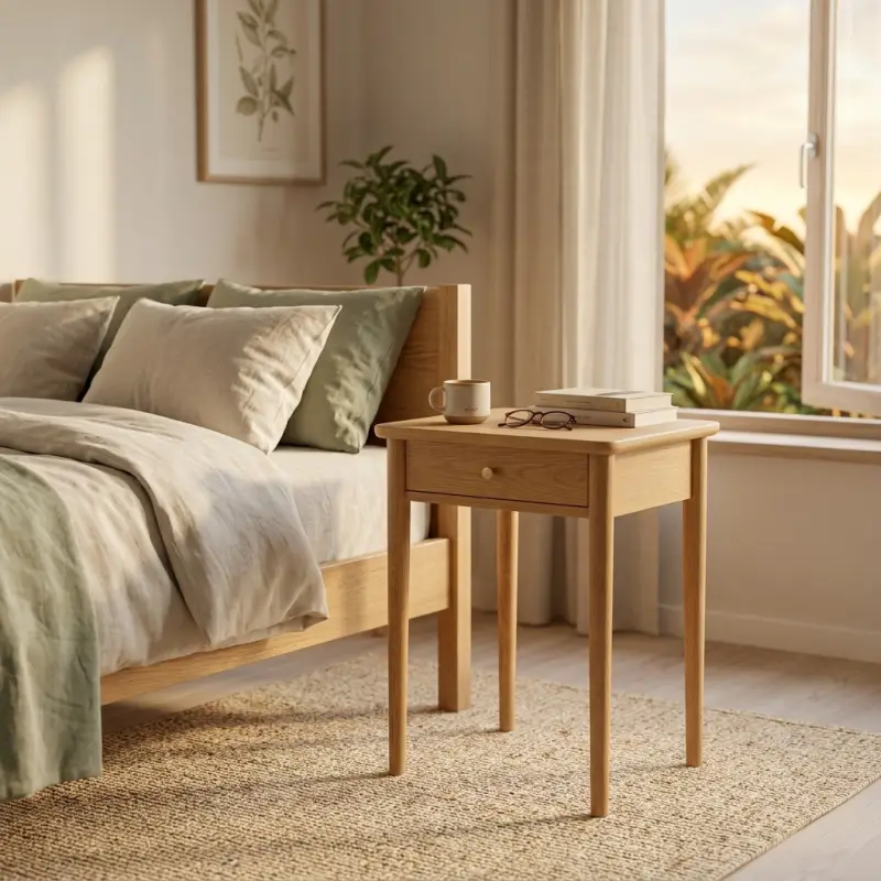 Side Table Kayu Oak dengan Laci dan Kaki Tirus [5]