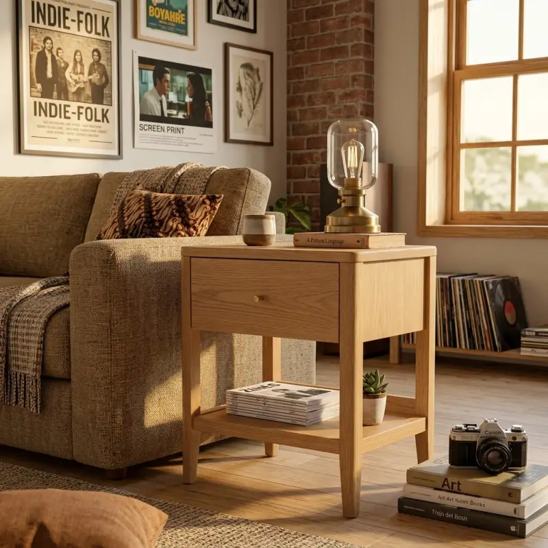 Side Table Kayu Oak Laci Tunggal Rak Bawah [3]