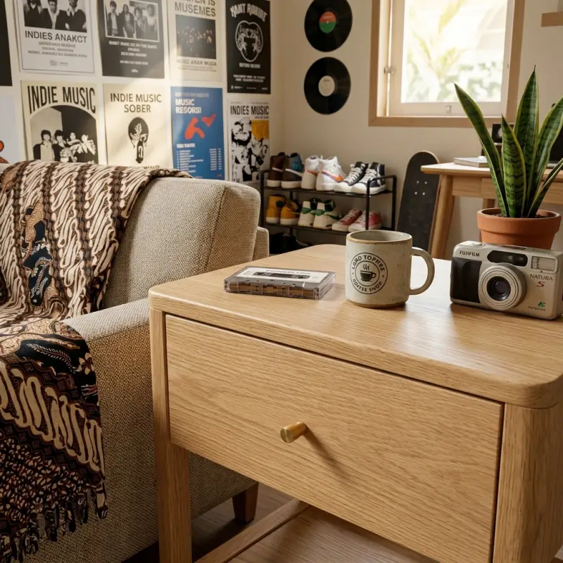 Side Table Kayu Oak Laci Tunggal Rak Bawah [4]