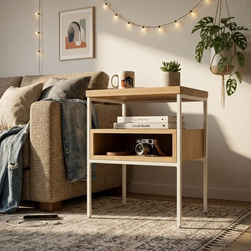 Side Table Kayu Rangka Besi dengan Rak Terbuka [2]