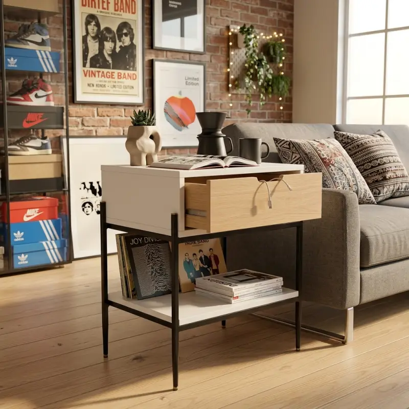 Side Table Laci Kayu Oak Rangka Besi Hitam dengan Rak Bawah [3]