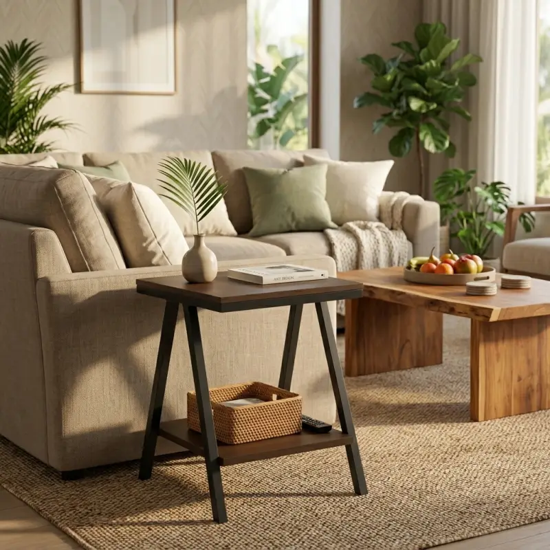 Side Table Rangka A-Frame Kayu dan Besi dengan Rak Penyimpanan [2]
