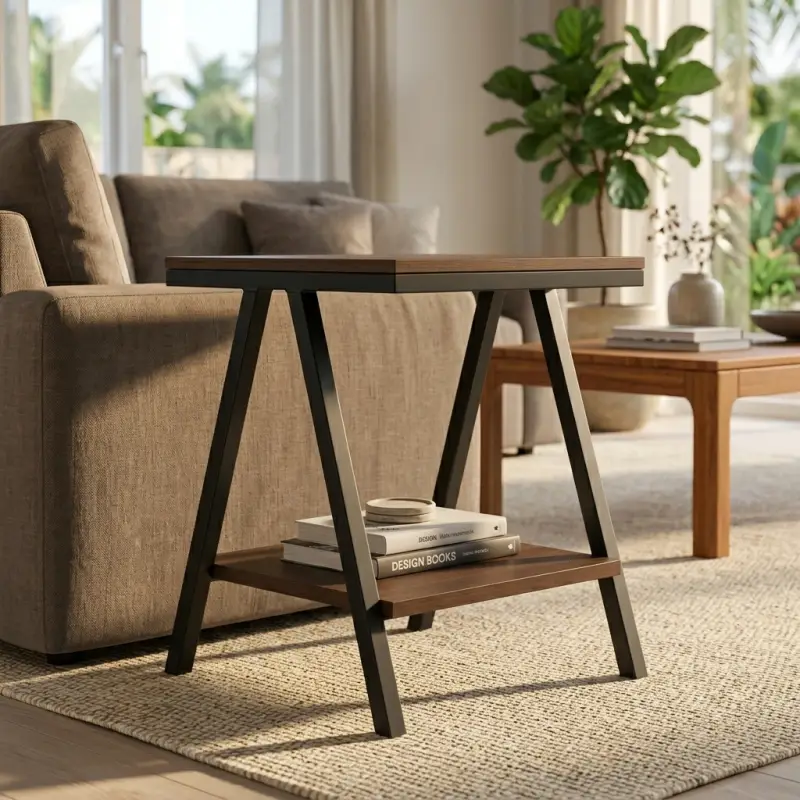Side Table Rangka A-Frame Kayu dan Besi dengan Rak Penyimpanan [4]