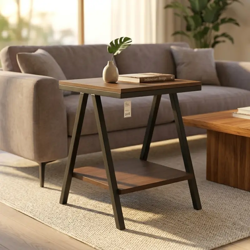 Side Table Rangka A-Frame Kayu dan Besi dengan Rak Penyimpanan [5]