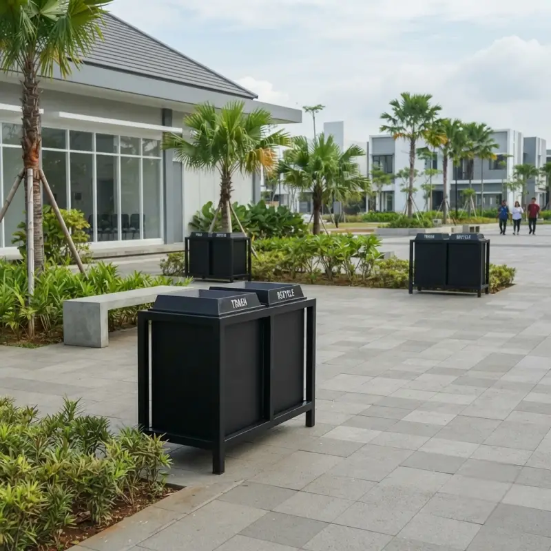 Tempat Sampah Dua Kompartemen Besi Powder Coat Hitam [3]
