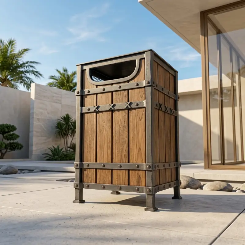Tempat Sampah Industrial Besi Kayu dengan Tutup dan Lubang Buang [4]