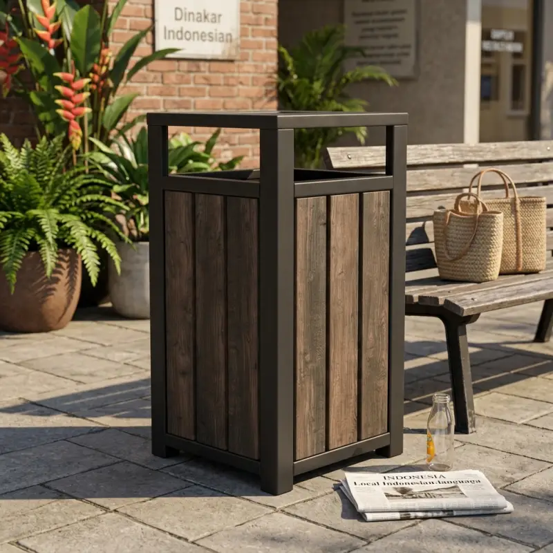 Tempat Sampah Outdoor Besi Rangka Hollow Panel Kayu [2]