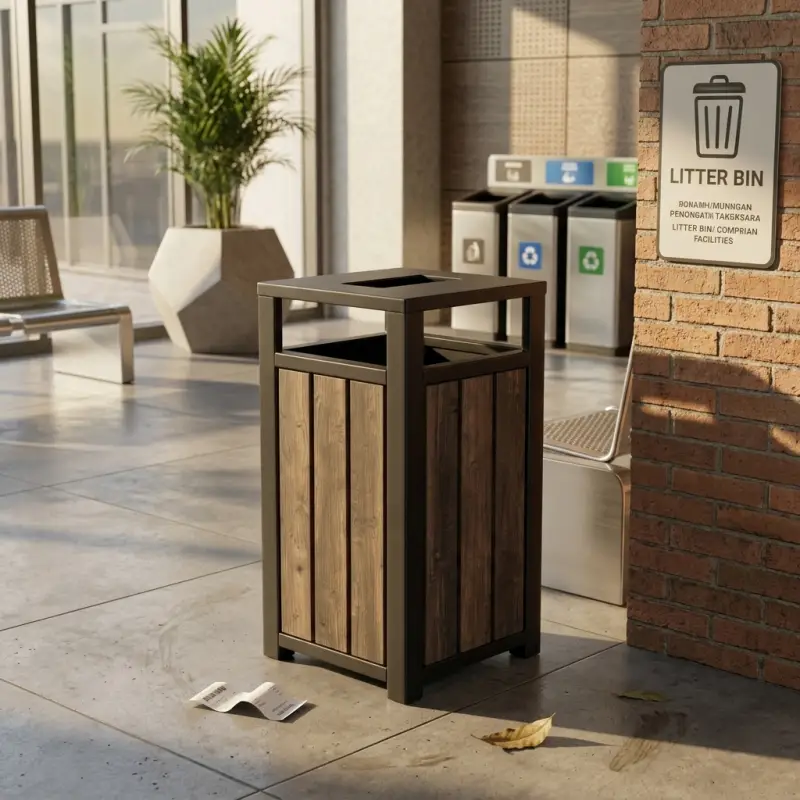 Tempat Sampah Outdoor Besi Rangka Hollow Panel Kayu [3]