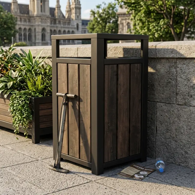 Tempat Sampah Outdoor Besi Rangka Hollow Panel Kayu [4]