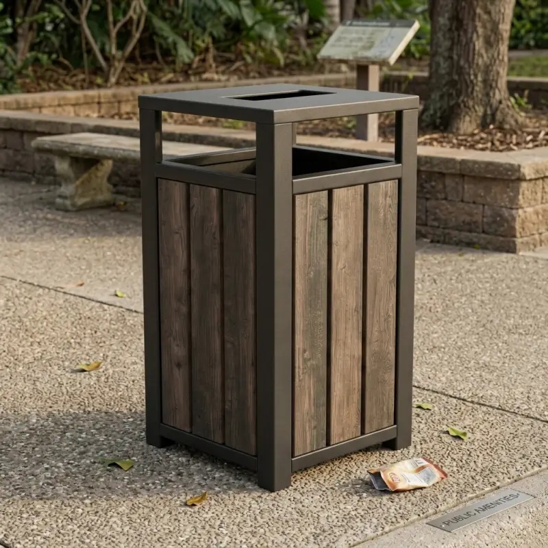 Tempat Sampah Outdoor Besi Rangka Hollow Panel Kayu [5]
