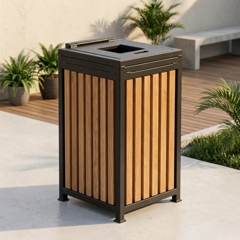 Tempat Sampah Outdoor Rangka Besi Slat Kayu [2]