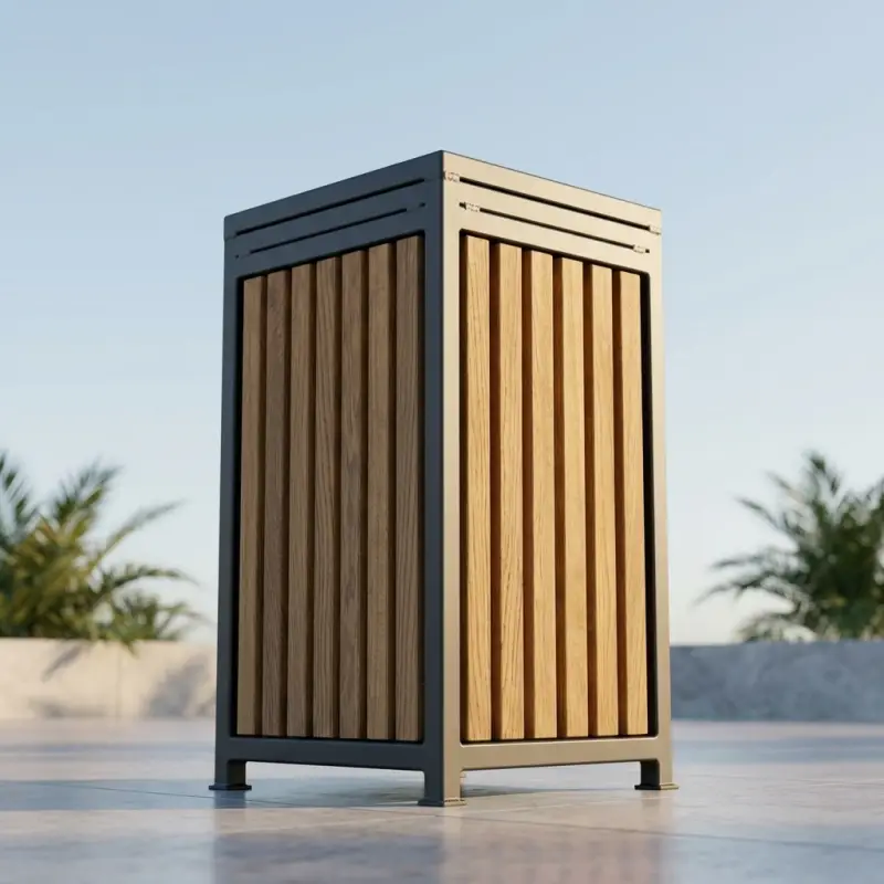 Tempat Sampah Outdoor Rangka Besi Slat Kayu [4]