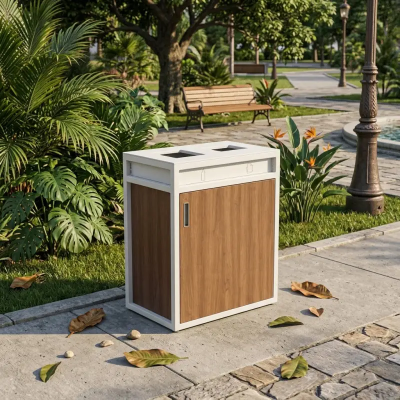 Tempat Sampah Pilah 2 Kompartemen Rangka Besi Panel Kayu [4]