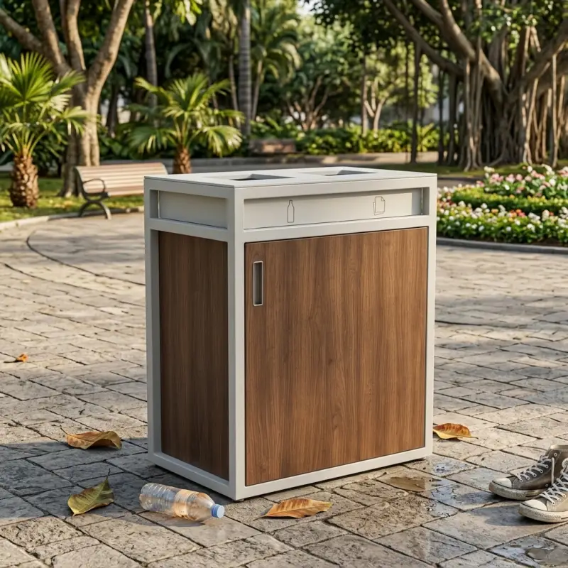 Tempat Sampah Pilah 2 Kompartemen Rangka Besi Panel Kayu [5]