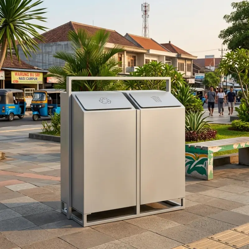 Tempat Sampah Stainless Steel Rangka Terbuka Tutup Miring [4]