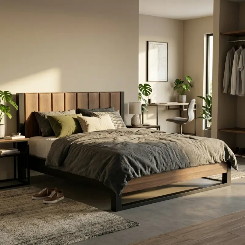 Tempat Tidur Rangka Besi Headboard Panel Kayu [2]