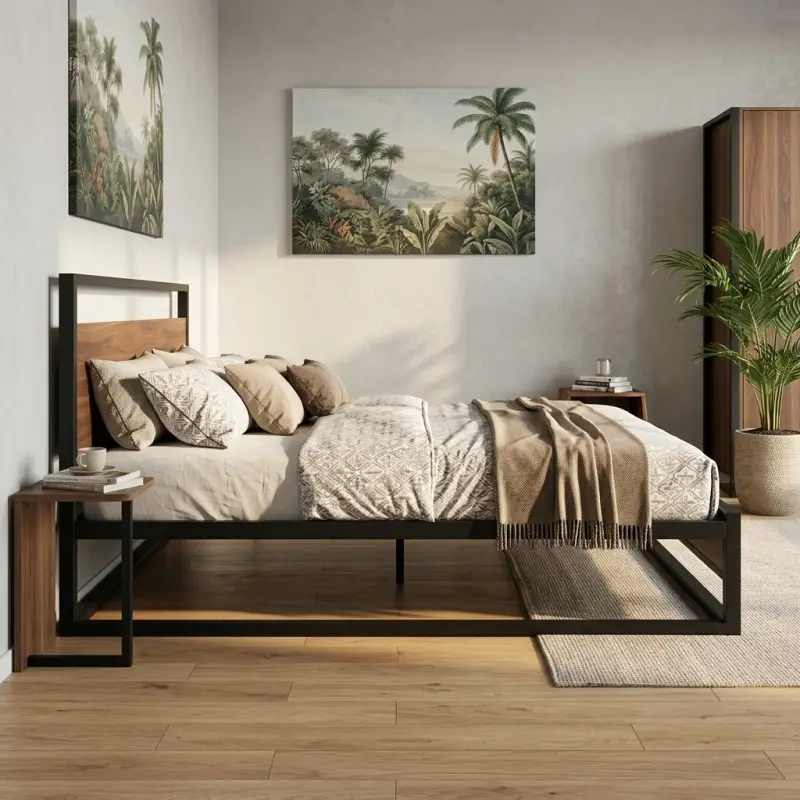 Tempat Tidur Rangka Besi Kombinasi Kayu Gaya Industrial [3]