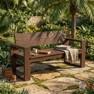 Bangku Taman Kayu Solid Minimalis dengan Sandaran dan Armrest [3]