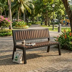 Bangku Taman Rangka Besi Finishing Powder Coat dengan Dudukan Slat Kayu [2]