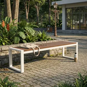 Bangku Taman Rangka Besi Finishing Putih Dudukan Kayu Slat [4]