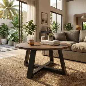 Coffee Table Bulat Top Kayu Kaki Besi A-Frame [2]