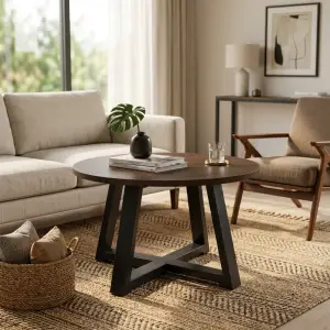 Coffee Table Bulat Top Kayu Kaki Besi A-Frame [4]